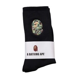Bape Crew Socks Embroidered Ape Head Mens Womens Unisex Sz 9-11 Black Green Camo